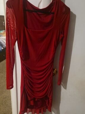 Red Ruched Mesh-Sleeve Dress